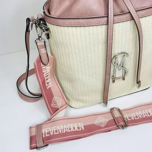 New! Steve Madden Bucket Straw Faux Leather Blush Pink Bohemian Beach TikTok Bag - Picture 5 of 11